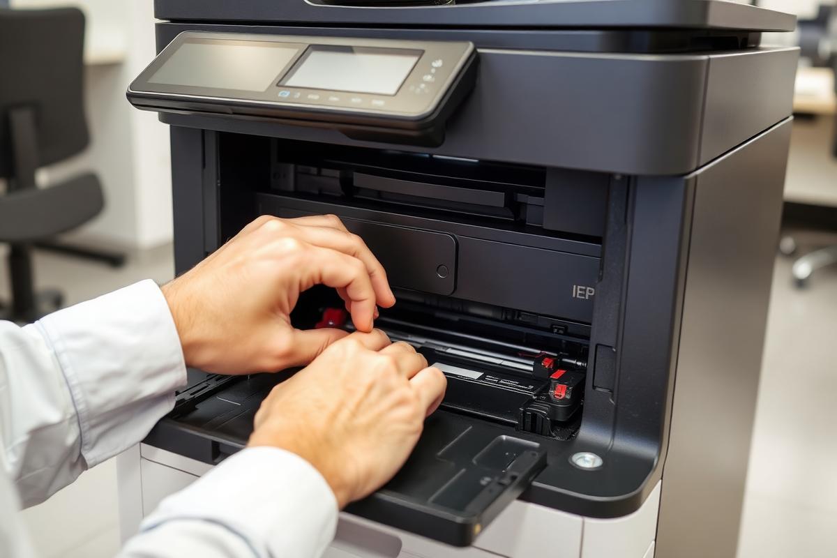 Técnico realizando manutenção em impressora multifuncional