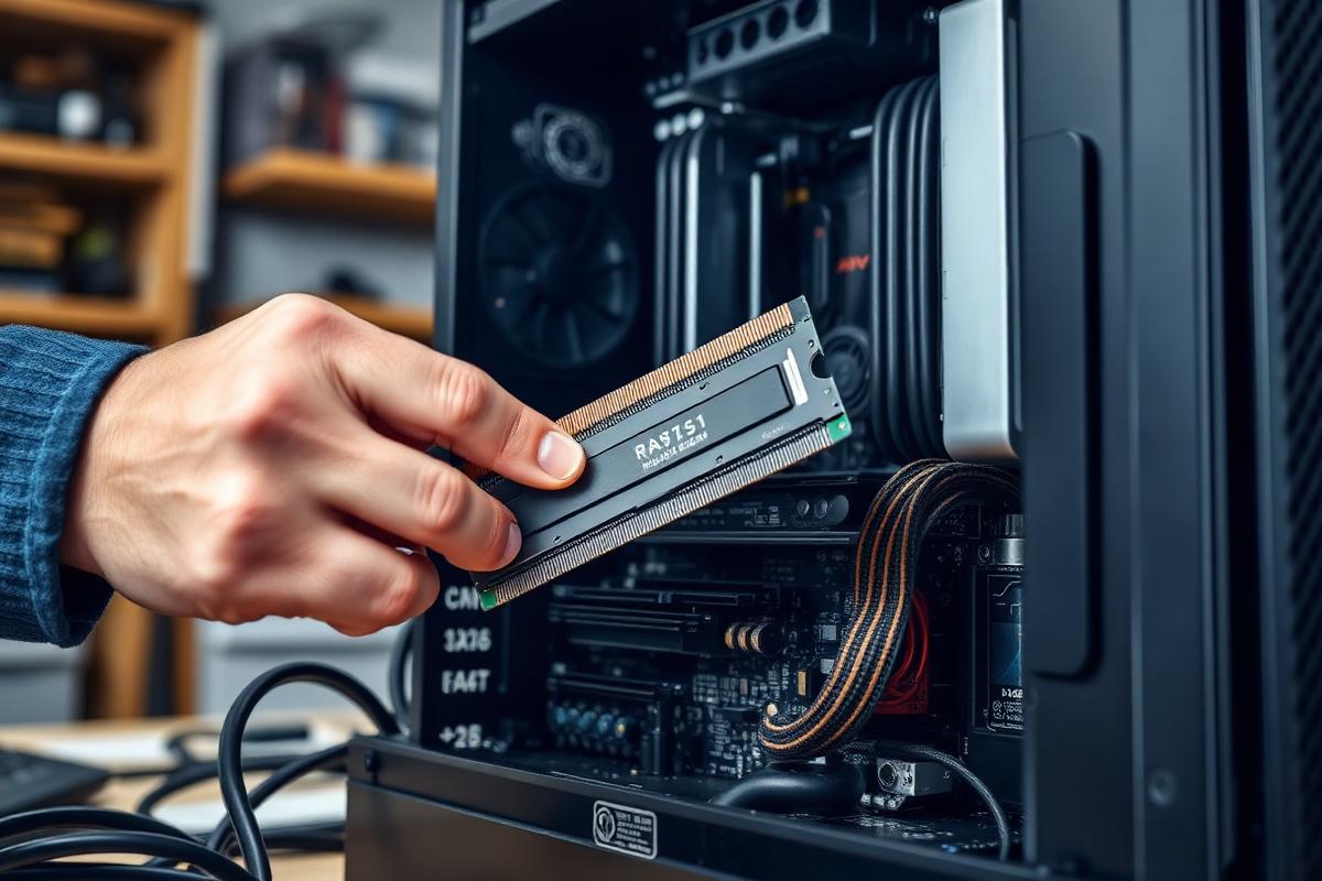 Técnico instalando memória RAM em um computador desktop